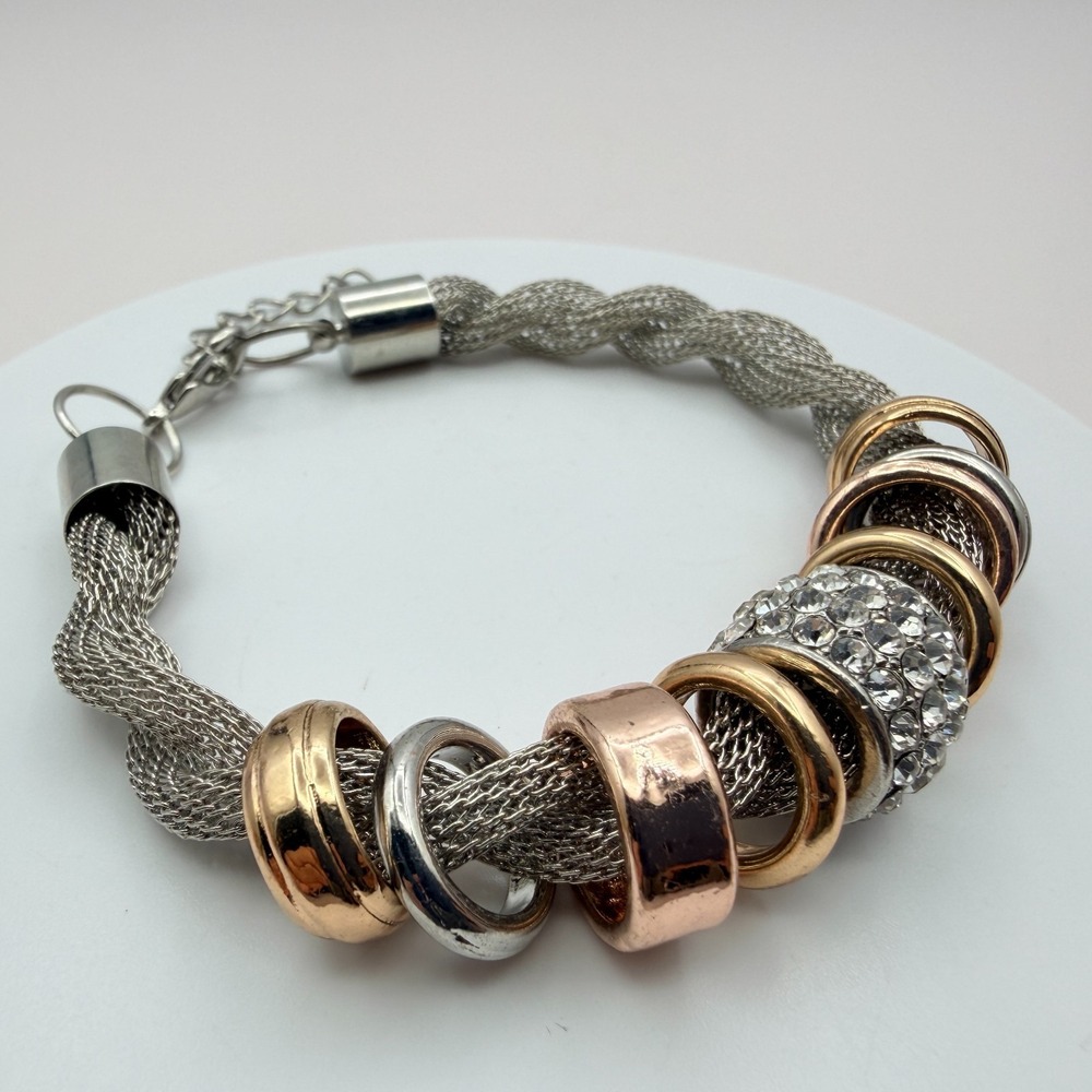Vintage 50s Silver Tone Mesh Chain Bracelet Rhinestone Ring Charms Style Jewelry